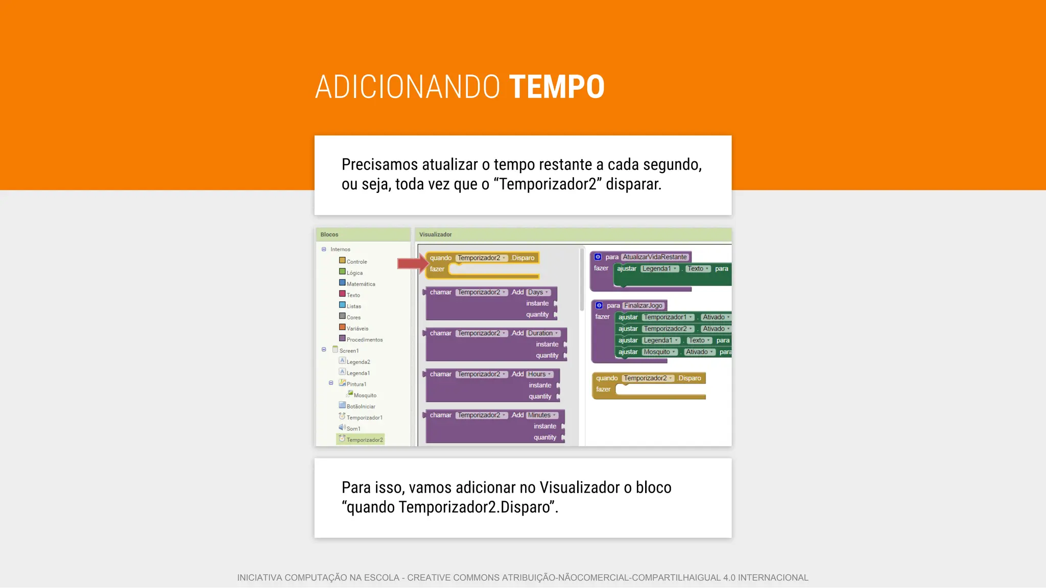ADICIONANDO TEMPO
Precisamos atualizar o tempo restante a cada segundo,
ou seja, toda vez que o “Temporizador2” disparar.
Para isso, vamos adicionar no Visualizador o bloco
“quando Temporizador2.Disparo”.
INICIATIVA COMPUTAÇÃO NA ESCOLA - CREATIVE COMMONS ATRIBUIÇÃO-NÃOCOMERCIAL-COMPARTILHAIGUAL 4.0 INTERNACIONAL
 
