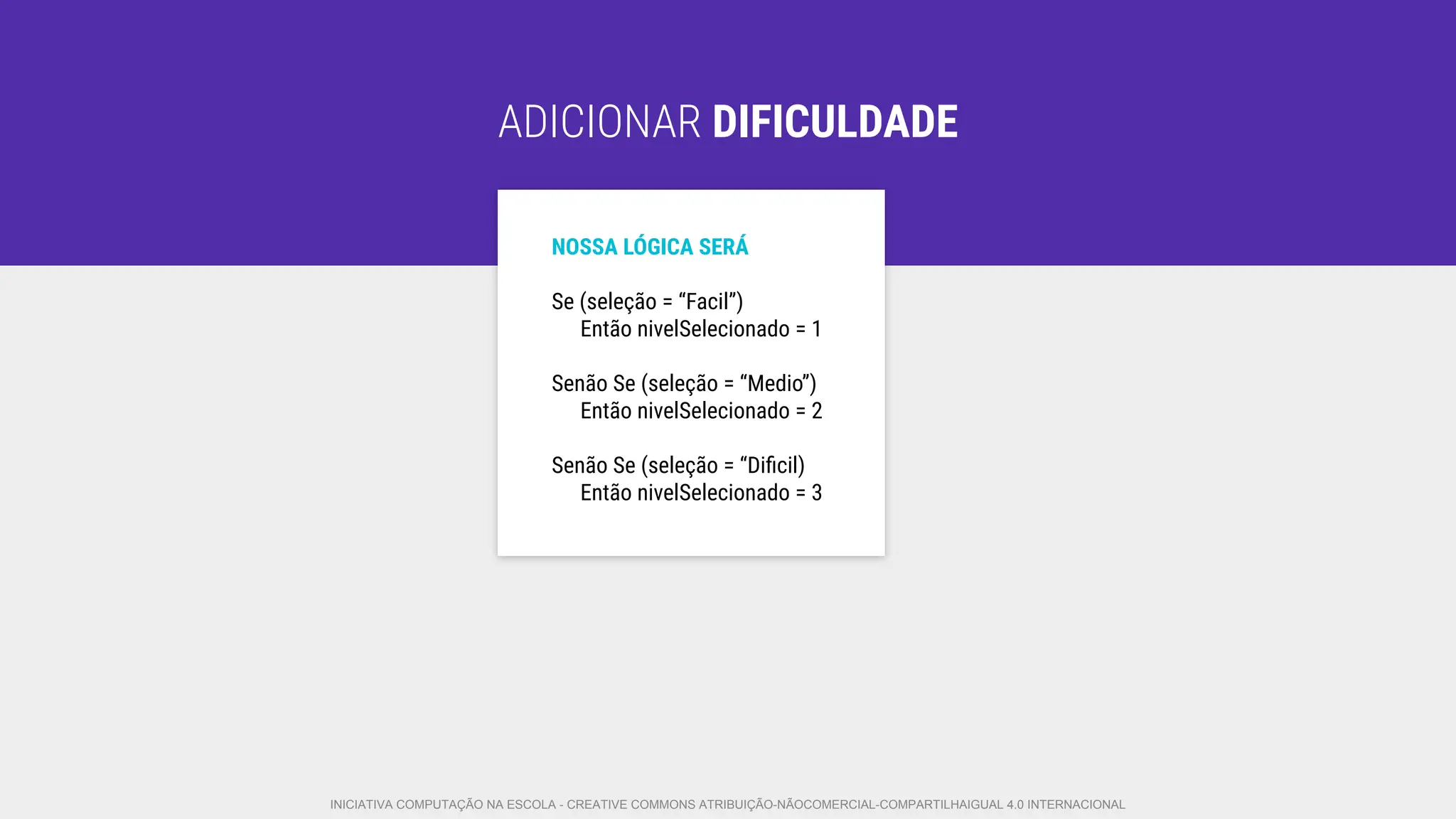ADICIONAR DIFICULDADE
NOSSA LÓGICA SERÁ
Se (seleção = “Facil”)
Então nivelSelecionado = 1
Senão Se (seleção = “Medio”)
Então nivelSelecionado = 2
Senão Se (seleção = “Diﬁcil)
Então nivelSelecionado = 3
INICIATIVA COMPUTAÇÃO NA ESCOLA - CREATIVE COMMONS ATRIBUIÇÃO-NÃOCOMERCIAL-COMPARTILHAIGUAL 4.0 INTERNACIONAL
 