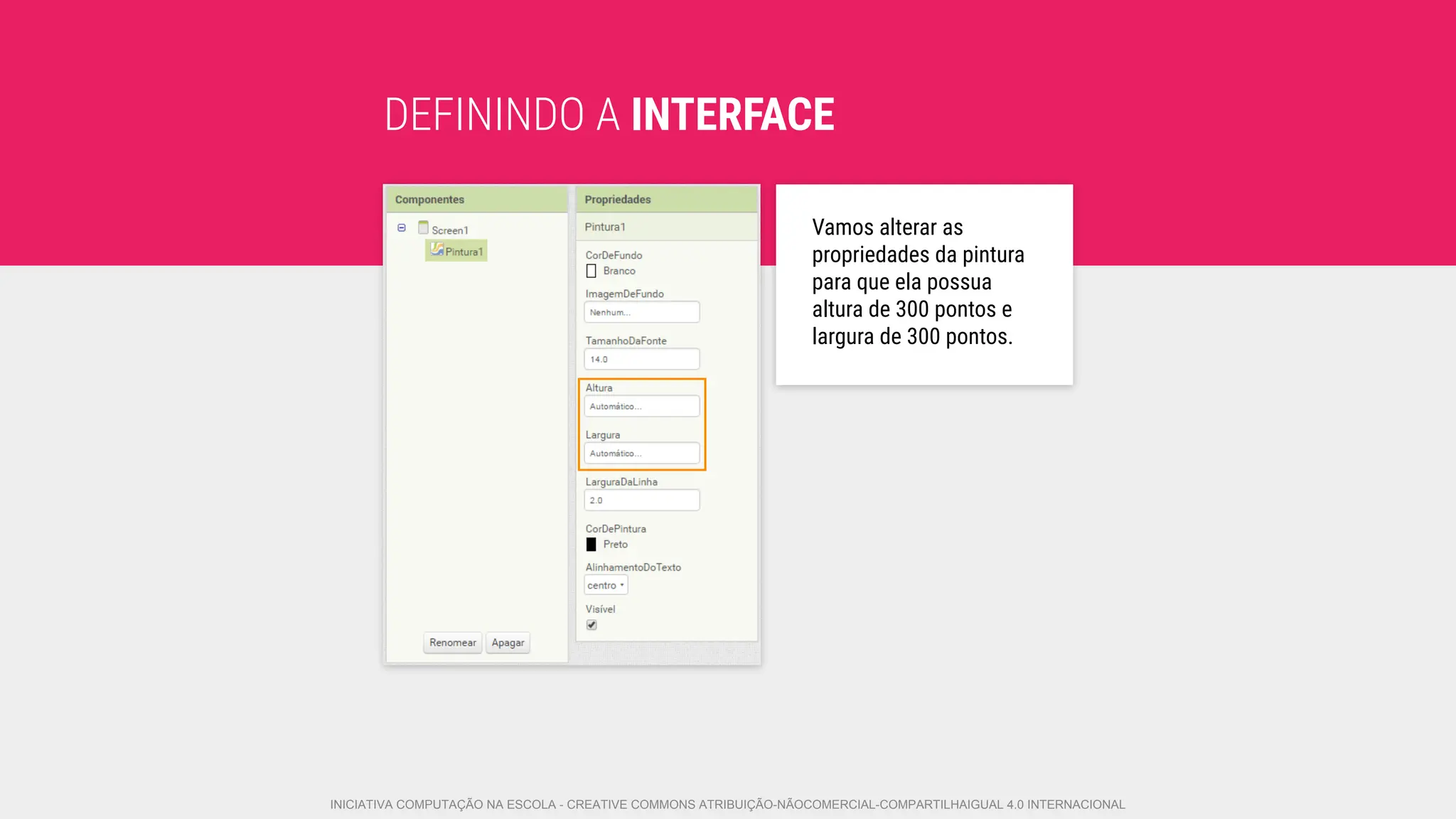 DEFININDO A INTERFACE
Vamos alterar as
propriedades da pintura
para que ela possua
altura de 300 pontos e
largura de 300 pontos.
INICIATIVA COMPUTAÇÃO NA ESCOLA - CREATIVE COMMONS ATRIBUIÇÃO-NÃOCOMERCIAL-COMPARTILHAIGUAL 4.0 INTERNACIONAL
 