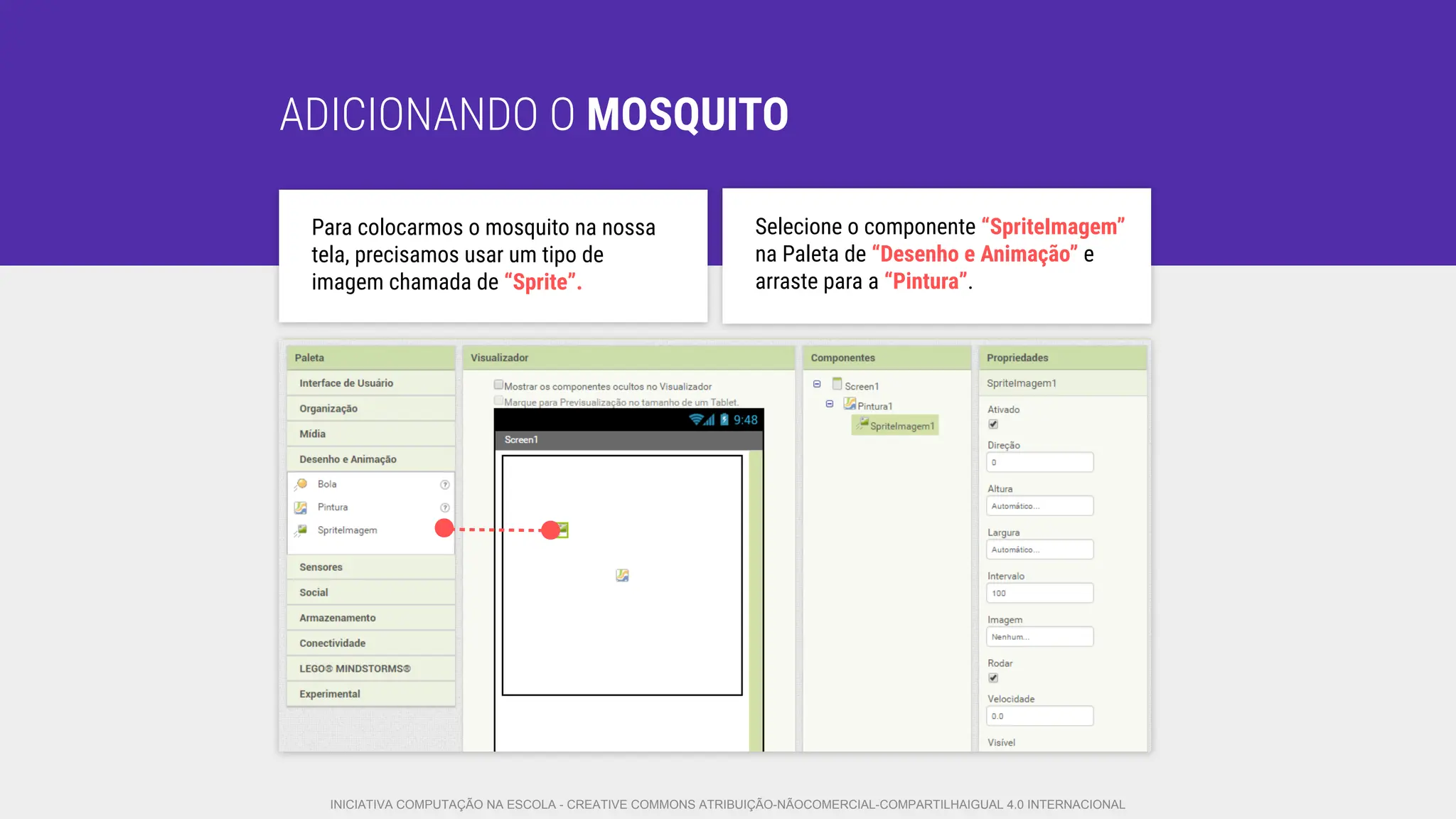 ADICIONANDO O MOSQUITO
Para colocarmos o mosquito na nossa
tela, precisamos usar um tipo de
imagem chamada de “Sprite”.
Selecione o componente “SpriteImagem”
na Paleta de “Desenho e Animação” e
arraste para a “Pintura”.
INICIATIVA COMPUTAÇÃO NA ESCOLA - CREATIVE COMMONS ATRIBUIÇÃO-NÃOCOMERCIAL-COMPARTILHAIGUAL 4.0 INTERNACIONAL
 