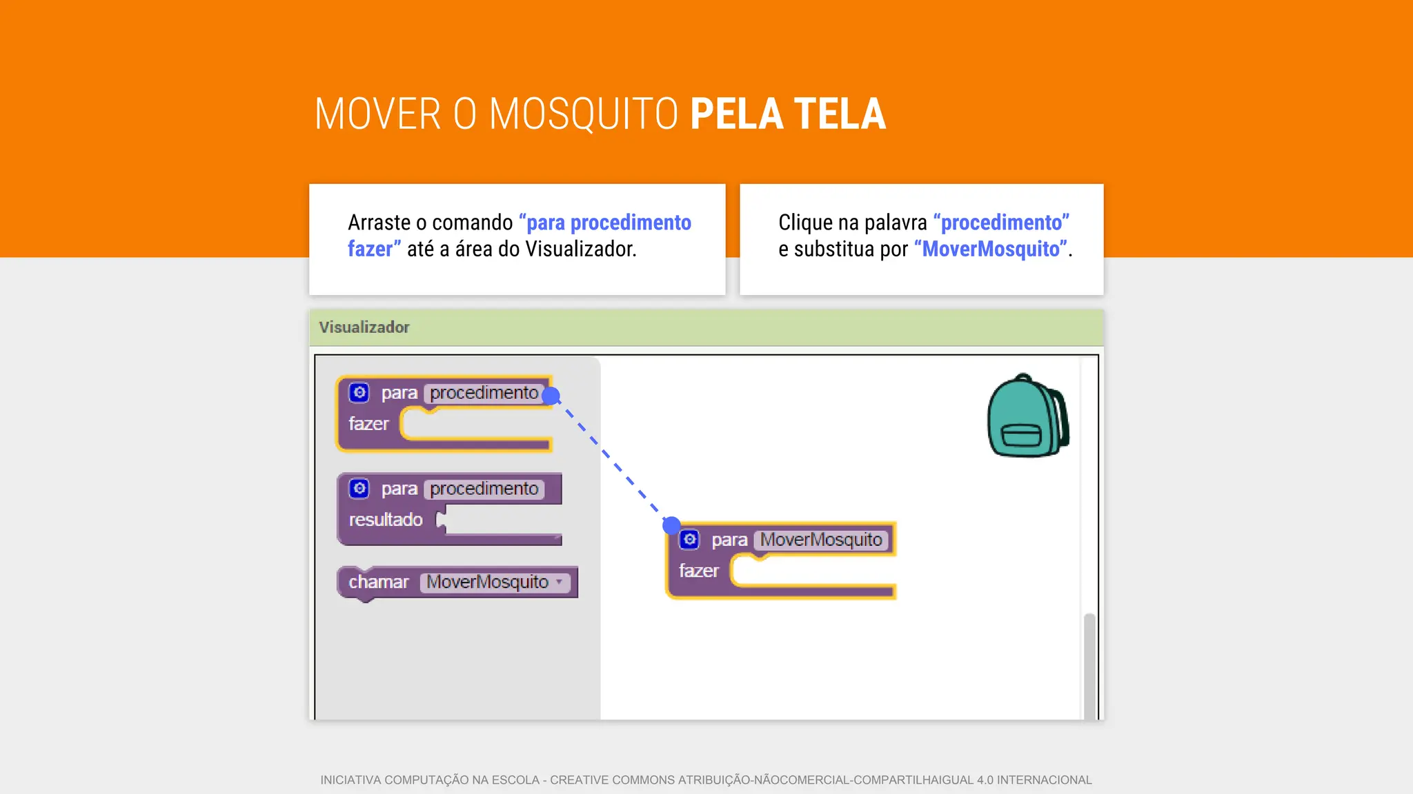 MOVER O MOSQUITO PELA TELA
Arraste o comando�“para procedimento
fazer” até a área do Visualizador.
Clique na palavra “procedimento”
e substitua por “MoverMosquito”.
INICIATIVA COMPUTAÇÃO NA ESCOLA - CREATIVE COMMONS ATRIBUIÇÃO-NÃOCOMERCIAL-COMPARTILHAIGUAL 4.0 INTERNACIONAL
 