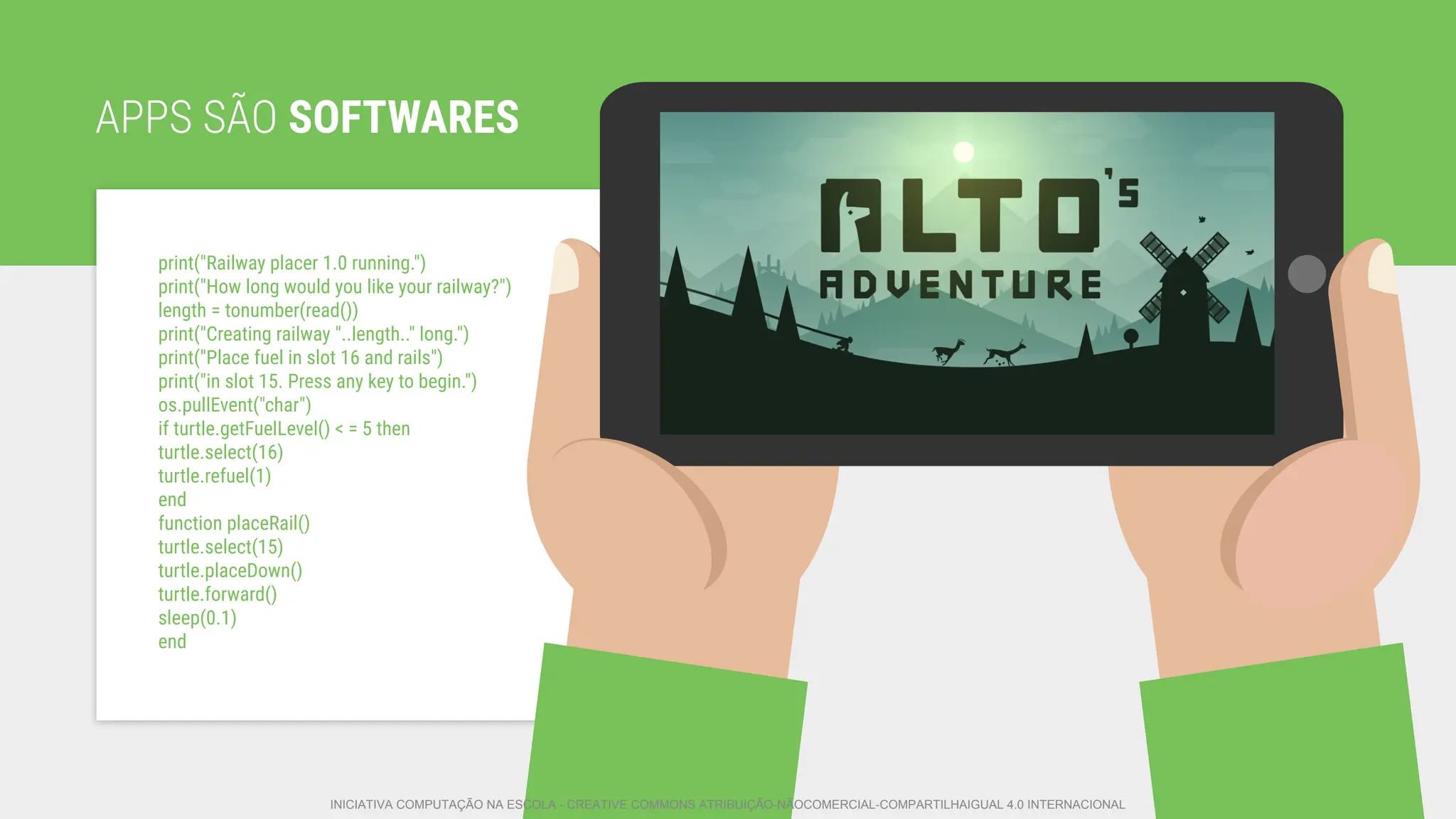 APPS SÃO SOFTWARES
print("Railway placer 1.0 running.")
print("How long would you like your railway?")
length = tonumber(read())
print("Creating railway "..length.." long.")
print("Place fuel in slot 16 and rails")
print("in slot 15. Press any key to begin.")
os.pullEvent("char")
if turtle.getFuelLevel() < = 5 then
turtle.select(16)
turtle.refuel(1)
end
function placeRail()
turtle.select(15)
turtle.placeDown()
turtle.forward()
sleep(0.1)
end
INICIATIVA COMPUTAÇÃO NA ESCOLA - CREATIVE COMMONS ATRIBUIÇÃO-NÃOCOMERCIAL-COMPARTILHAIGUAL 4.0 INTERNACIONAL
 