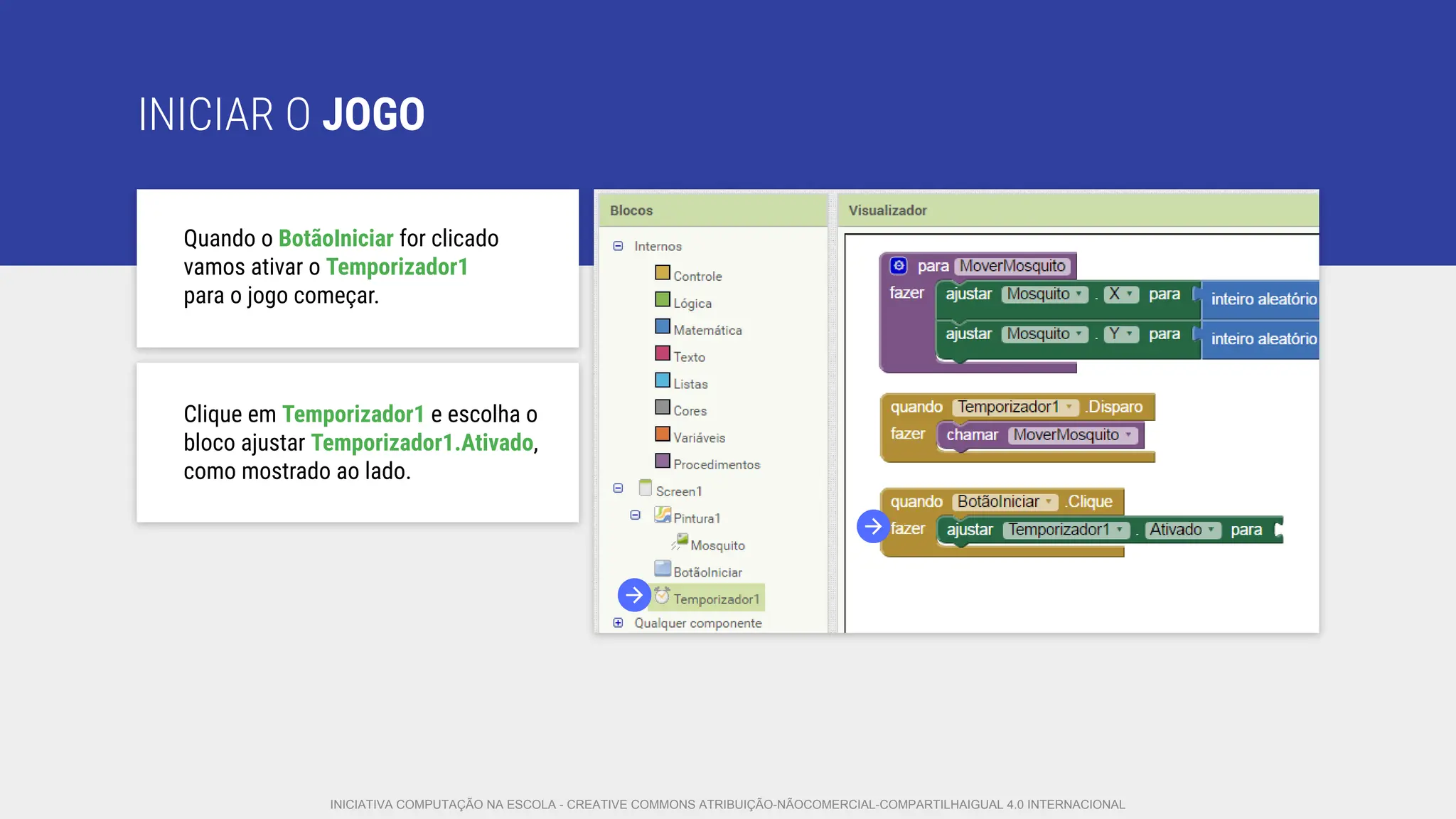 INICIAR O JOGO
Quando o BotãoIniciar for clicado
vamos ativar o Temporizador1
para o jogo começar.
Clique em Temporizador1 e escolha o
bloco ajustar Temporizador1.Ativado,
como mostrado ao lado.
INICIATIVA COMPUTAÇÃO NA ESCOLA - CREATIVE COMMONS ATRIBUIÇÃO-NÃOCOMERCIAL-COMPARTILHAIGUAL 4.0 INTERNACIONAL
 