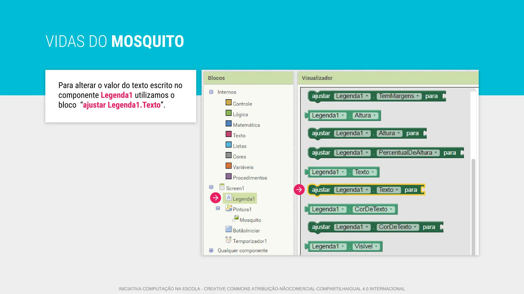 VIDAS DO MOSQUITO
Para alterar o valor do texto escrito no
componente Legenda1 utilizamos o
bloco “ajustar Legenda1.Texto”.
INICIATIVA COMPUTAÇÃO NA ESCOLA - CREATIVE COMMONS ATRIBUIÇÃO-NÃOCOMERCIAL-COMPARTILHAIGUAL 4.0 INTERNACIONAL
 