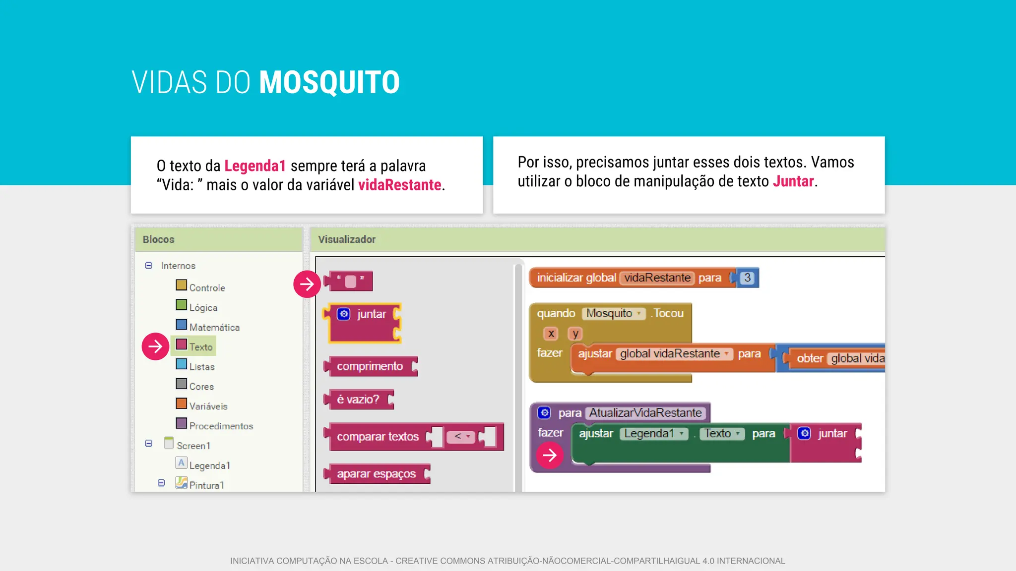 VIDAS DO MOSQUITO
O texto da Legenda1 sempre terá a palavra
“Vida: ” mais o valor da variável vidaRestante.
Por isso, precisamos juntar esses dois textos. Vamos
utilizar o bloco de manipulação de texto Juntar.
INICIATIVA COMPUTAÇÃO NA ESCOLA - CREATIVE COMMONS ATRIBUIÇÃO-NÃOCOMERCIAL-COMPARTILHAIGUAL 4.0 INTERNACIONAL
 
