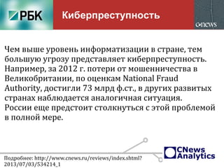 Киберпреступность
Чем выше уровень информатизации в стране, тем
большую угрозу представляет киберпреступность.
Например, за 2012 г. потери от мошенничества в
Великобритании, по оценкам National Fraud
Authority, достигли 73 млрд ф.ст., в других развитых
странах наблюдается аналогичная ситуация.
России еще предстоит столкнуться с этой проблемой
в полной мере.
Подробнее: http://www.cnews.ru/reviews/index.shtml?
2013/07/03/534214_1
 