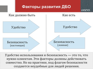 Факторы развития ДБО
Как должно быть Как есть
Удобство
Безопасность
(настоящая)
Удобство
Безопасность
(ложная)
Удобство использования и безопасность — это то, что
нужно клиентам. Эти факторы должны действовать
совместно. Но на практике, под флагом безопасности
создаются неудобные для людей решения.
 