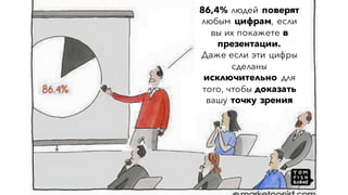 86,4% людей поверят
любым цифрам, если
вы их покажете в
презентации.
Даже если эти цифры
сделаны
исключительно для
того, чтобы доказать
вашу точку зрения
 