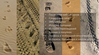 • Посещения веб-ресурсов
• Социальные сети
• SMS-рассылки
• История платежей
• История перемещений
• Данные о покупках
• Профиль в мобильной сети оператора
• Интересы, Намерения и многое другое
 
