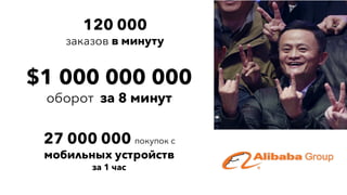 120 000
заказов в минуту
27 000 000 покупок с
мобильных устройств
за 1 час
$1 000 000 000
оборот за 8 минут
 