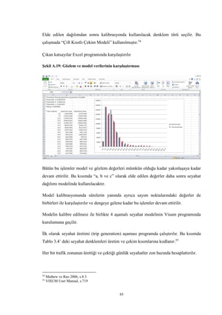85
Elde edilen dağılımdan sonra kalibrasyonda kullanılacak denklem türü seçilir. Bu
çalışmada “Çift Kısıtlı Çekim Modeli” kullanılmıştır.54
Çıkan katsayılar Excel programında karşılaştırılır
Şekil A.19: Gözlem ve model verilerinin karşılaştırması
Bütün bu işlemler model ve gözlem değerleri mümkün olduğu kadar yakınlaşaya kadar
devam ettirilir. Bu kısımda “a, b ve c” olarak elde edilen değerler daha sonra seyahat
dağılımı modelinde kullanılacaktır.
Model kalibrasyonunda sürelerin yanında ayrıca sayım noktalarındaki değerler de
birbirleri ile karşılaştırılır ve dengeye gelene kadar bu işlemler devam ettirilir.
Modelin kalibre edilmesi ile birlikte 4 aşamalı seyahat modelinin Visum programında
kurulumuna geçilir.
İlk olarak seyahat üretimi (trip generation) aşaması programda çalıştırılır. Bu kısımda
Tablo 3.4’ deki seyahat denklemleri üretim ve çekim kısımlarına kodlanır.55
Her bir trafik zonunun ürettiği ve çektiği günlük seyahatler zon bazında hesaplattırılır.
54
Mathew ve Rao 2006, s.8.3
55
VISUM User Manual, s.719
 