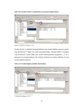 86
Şekil A.20: Seyahat üretimi ve çekimlerinin zon bazında hesaplattırılması
Kaynak: VISUM User Manual, s.719
Seyahat üretimi ve çekimleri hesaplattırıldıktan sonra seyahat dağılımı aşamasına geçilir
(trip distribution).56
Bunun için atama prosedürlerinden “Demand Model” kısmından
“trip distribution” seçilir. Daha önce model kalibrasyonunda hesaplatılan a, b ve c
katsayıları bu kısımda kullanılır. Bu verilerin üretilmesi ile zonların birbirleri ile olan
seyahat ilişkileri belirlenir.
Şekil A.21: Seyahat dağılım modelinin oluşturulması
56
VISUM User Manual, s.723
 