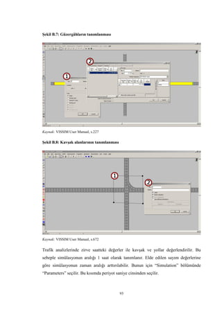 93
Şekil B.7: Güzergâhların tanımlanması
Kaynak: VISSIM User Manual, s.227
Şekil B.8: Kavşak alanlarının tanımlanması
Kaynak: VISSIM User Manual, s.672
Trafik analizlerinde zirve saatteki değerler ile kavşak ve yollar değerlendirilir. Bu
sebeple simülasyonun aralığı 1 saat olarak tanımlanır. Elde edilen sayım değerlerine
göre simülasyonun zaman aralığı arttırılabilir. Bunun için “Simulation” bölümünde
“Parameters” seçilir. Bu kısımda periyot saniye cinsinden seçilir.
 