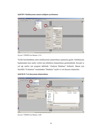 94
Şekil B.9: Simülasyonun zaman aralığının ayarlanması
Kaynak: VISSIM User Manual, s.514
Veriler hazırlandıktan sonra simülasyonun çalıştırılması aşamasına geçilir. Simülasyonu
başlatmadan önce analiz verileri için altlıkların oluşturulması gerekmektedir. Kavşak ve
yol ağı analizi için program dahilinde “Analyzer Database” kullanılır. Bunun için
öncelikle “Evaluation” menüsünden “Database” seçilir ve veri dosyası oluşturulur.
Şekil B.10: Veri dosyasının oluşturulması
Kaynak: VISSIM User Manual, s.640
 