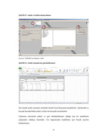95
Şekil B.11: Analiz verisinin oluşturulması
Kaynak: VISSIM User Manual, s.640
Şekil B.12: Analiz sonuçlarının görüntülenmesi
Son olarak analiz sonuçları otomatik olarak Excel dosyasına kaydettirilir. Ağ bazında ve
kavşak bazında bütün analiz verileri bu dosyada incelenebilir.
Ulaştırma yatırımları pahalı ve geri dönüştürülemez olduğu için bu modelleme
çalışmaları oldukça önemlidir. Tez kapsamında modelleme için birçok yazılım
kullanılmıştır.
 