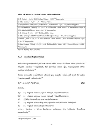 20
Tablo 3.4: Kocaeli ili yolculuk üretim- çekim denklemleri
Ev-İş Üretim j= -83,926+1,613*Çalışan Nüfusu+ 146,397 *dummygebze
Ev-Okul Üretim j = 19,484 + 1,951 *Öğrenci Nüfusu
Ev-Diğer Üretim j = 182,649+ 0,364* Nüfus+ 1,191* Otomobil Sayısı - 675,958 *dummygebze
Ev Uçlu Olmayan Üretim j = - 8,752+ 0,218*İstihdam Edilen Nüfus + 0,363*Otomobil Sayısı +
0,066*Okullardaki Öğrenci Sayısı - 340,918 *dummygebze
Ev-İş Çekim j= 319,035 + 0,931*İstihdam Edilen Nüfus
Ev-Okul Çekim j = 201,074 + 1,875* Okullardaki Öğrenci Sayısı + 438,850 *dummygebze
Ev-Diğer Çekim j= -44,871 + 1,001*İstihdam Edilen Nüfus+ 1,078*Okullardaki Öğrenci Sayısı-
1516,452 *dummygebze
Ev Uçlu Olmayan Çekim j= -33,439 + 0,262 *İstihdam Edilen Nüfus+ 0,454 *Otomobil Sayısı–396,821
*dummygebze
Kaynak: Boğaziçi Proje 2012, s.57
3.2.3. Yolculuk Dağılım Modeli
Yolculuk dağılımı modeli, yolculuk üretim/ çekim modeli ile tahmin edilen yolculukları
bölgeler arasında bölüştürerek, her yolculuk amacı için, başlangıç-son (O/D)
matrislerini oluşturur.15
Zonlar arasındaki yolculukların tahmini için, aşağıda verilen, çift kısıtlı bir çekim
(gravity) modeli kullanılmıştır.15
Tijp
= ai. bj. Gip
. Ajp
. Fp
(tij) (3.2)
Burada,
Tijp
: i-j bölgeleri arasında yapılan p amaçlı yolculukların sayısı
Gip
: i-j bölgeleri arasında yapılan p amaçlı yolculukların sayısı
Aj
p
: j bölgesine çekilen p amaçlı yolculuk sayısı
Fp
: i-j bölgeleri arasındaki p amaçlı yolculuklar için direnim fonksiyonu
Tij : i-j bölgeleri arasındaki yolculuk süresi
ai- bj : Yaratım ve çekim kısıtlarının sağlanması için kullanılan dengeleme
katsayılarıdır.15
15
Boğaziçi Proje 2012, s.59
 