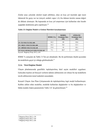 21
Zonlar arası yolculuk süreleri tespit edilirken, olası en kısa yol üzerinde eğer ücret
ödenecek bir geçiş var ise (otoyol, arabalı vapur v.b.) bu ödenen ücretin zaman değeri
de dikkate alınmıştır. Bu kapsamda en kısa yol araştırması için kullanılan süre hesabı
aşağıdaki denklenme göre yapılmıştır.16
Tablo 3.5: Dağılım Modeli ve Gözlem Matrisleri karşılaştırması
RMSE (%)
MODEL
Ortalama Süre
(dk)
GÖZLEM
Ortalama Süre
(dk)
EV- İŞ YOLCULUKLARI 18.3 20 18.6
EV- OKUL YOLCULUKLARI 16.3 9.8 12.1
EV- DİĞER YOLCULUKLAR 15.8 16 18.1
EV UÇLU OLMAYAN YOLCULUKLAR 7.1 20.7 20.2
Kaynak: Boğaziçi Proje 2012, s.64
RMSE % sonuçları da Tablo 3.5’de yer almaktadır. Bu iki performans ölçütü açısından
da modellerin gayet iyi olduğu görülmektedir.17
3.2.4. Türel Dağılım Modeli
Ulaşım planlamasında genellikle toplulaştırılmış türel seçim modelleri uygulanır.
Gelecekte kişilere ait bireysel verilerin tahmin edilmesinin zor olması bu tip modellerin
tercih edilmesinin temel nedenleri arasındadır.
Kocaeli Ulaşım Ana Planı Çalışmasında da toplulaştırılmış logit model kullanılmıştır.
Kalibre edilen nihai modeller, modelde kullanılan değişkenler ve bu değişkenlere ve
bütün modele ilişkin parametreler Tablo 3.6’ da gösterilmiştir.18
16
Boğaziçi Proje 2012, s.59
17
Boğaziçi Proje 2012, s.64
18
Boğaziçi Proje 2012, s.66
 