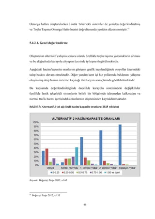 46
Omurga hatları oluşturulurken Lastik Tekerlekli sistemler de yeniden değerlendirilmiş
ve Toplu Taşıma Omurga Hattı önerisi doğrultusunda yeniden düzenlenmiştir.41
5.4.2.1. Genel değerlendirme
Oluşturulan alternatif çalışma sonucu olarak özellikle toplu taşıma yolculukların artması
ve bu doğrultuda karayolu altyapısı üzerinde iyileşme öngörülmektedir.
Aşağıdaki hacim/kapasite oranlarını gösteren grafik incelendiğinde otoyollar üzerindeki
talep baskısı devam etmektedir. Diğer yandan kent içi hız yollarında beklenen iyileşme
oluşmamış olup bunun en temel kaynağı türel seçim sonuçlarında görülebilmektedir.
Bu kapsamda değerlendirildiğinde öncelikle karayolu sistemindeki değişiklikler
özellikle lastik tekerlekli sistemlerin belirli bir bölgelerde işletmeden kalkmaları ve
normal trafik hacmi içerisindeki oranlarının düşmesinden kaynaklanmaktadır.
Şekil 5.7: Alternatif 2 yol ağı özeli hacim/kapasite oranları (2025 yılı için)
Kaynak: Boğaziçi Proje 2012, s.163
41
Boğaziçi Proje 2012, s.155
 