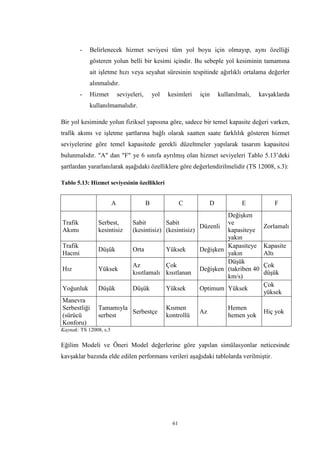 61
- Belirlenecek hizmet seviyesi tüm yol boyu için olmayıp, aynı özelliği
gösteren yolun belli bir kesimi içindir. Bu sebeple yol kesiminin tamamına
ait işletme hızı veya seyahat süresinin tespitinde ağırlıklı ortalama değerler
alınmalıdır.
- Hizmet seviyeleri, yol kesimleri için kullanılmalı, kavşaklarda
kullanılmamalıdır.
Bir yol kesiminde yolun fiziksel yapısına göre, sadece bir temel kapasite değeri varken,
trafik akımı ve işletme şartlarına bağlı olarak saatten saate farklılık gösteren hizmet
seviyelerine göre temel kapasitede gerekli düzeltmeler yapılarak tasarım kapasitesi
bulunmalıdır. "A" dan "F" ye 6 sınıfa ayrılmış olan hizmet seviyeleri Tablo 5.13’deki
şartlardan yararlanılarak aşağıdaki özelliklere göre değerlendirilmelidir (TS 12008, s.3):
Tablo 5.13: Hizmet seviyesinin özellikleri
A B C D E F
Trafik
Akımı
Serbest,
kesintisiz
Sabit
(kesintisiz)
Sabit
(kesintisiz)
Düzenli
Değişken
ve
kapasiteye
yakın
Zorlamalı
Trafik
Hacmi
Düşük Orta Yüksek Değişken
Kapasiteye
yakın
Kapasite
Altı
Hız Yüksek
Az
kısıtlamalı
Çok
kısıtlanan
Değişken
Düşük
(takriben 40
km/s)
Çok
düşük
Yoğunluk Düşük Düşük Yüksek Optimum Yüksek
Çok
yüksek
Manevra
Serbestliği
(sürücü
Konforu)
Tamamıyla
serbest
Serbestçe
Kısmen
kontrollü
Az
Hemen
hemen yok
Hiç yok
Kaynak: TS 12008, s.3
Eğilim Modeli ve Öneri Model değerlerine göre yapılan simülasyonlar neticesinde
kavşaklar bazında elde edilen performans verileri aşağıdaki tablolarda verilmiştir.
 