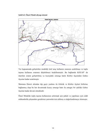 66
Şekil 6.2: Öneri Model altyapı sistemi
Tez kapsamında geliştirilen modelde özel araç kullanım oranının azaltılması ve toplu
taşıma kullanım oranının düşürülmesi hedeflenmiştir. Bu bağlamda KOUAP’ da
önerilen sistem geliştirilmiş ve kuzeydeki omurga hattır Körfez ilçesinden Gebze
ilçesine kadar uzatılmıştır.
Marmara Denizi altından tüp geçit yardımı ile Gölcük ve Körfez ilçeleri birbirine
bağlanmış olup bu hat devamında kuzey omurga hattı ile entegre bir şekilde Gebze
ilçesine kadar devam etmektedir.
Öneri Modelde toplu taşıma kullanımını arttırmak için pahalı ve yapılması için ciddi
mühendislik çalışmaları gerektiren yatırımlar test edilmiş ve değerlendirmeye alınmıştır.
 