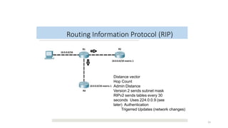 Routing Information Protocol (RIP)
Distance vector
Hop Count
Admin Distance
Version 2 sends subnet mask
RIPv2 sends tables every 30
seconds Uses 224.0.0.9 (see
later) Authentication
Trigerred Updates (network changes)
15
 