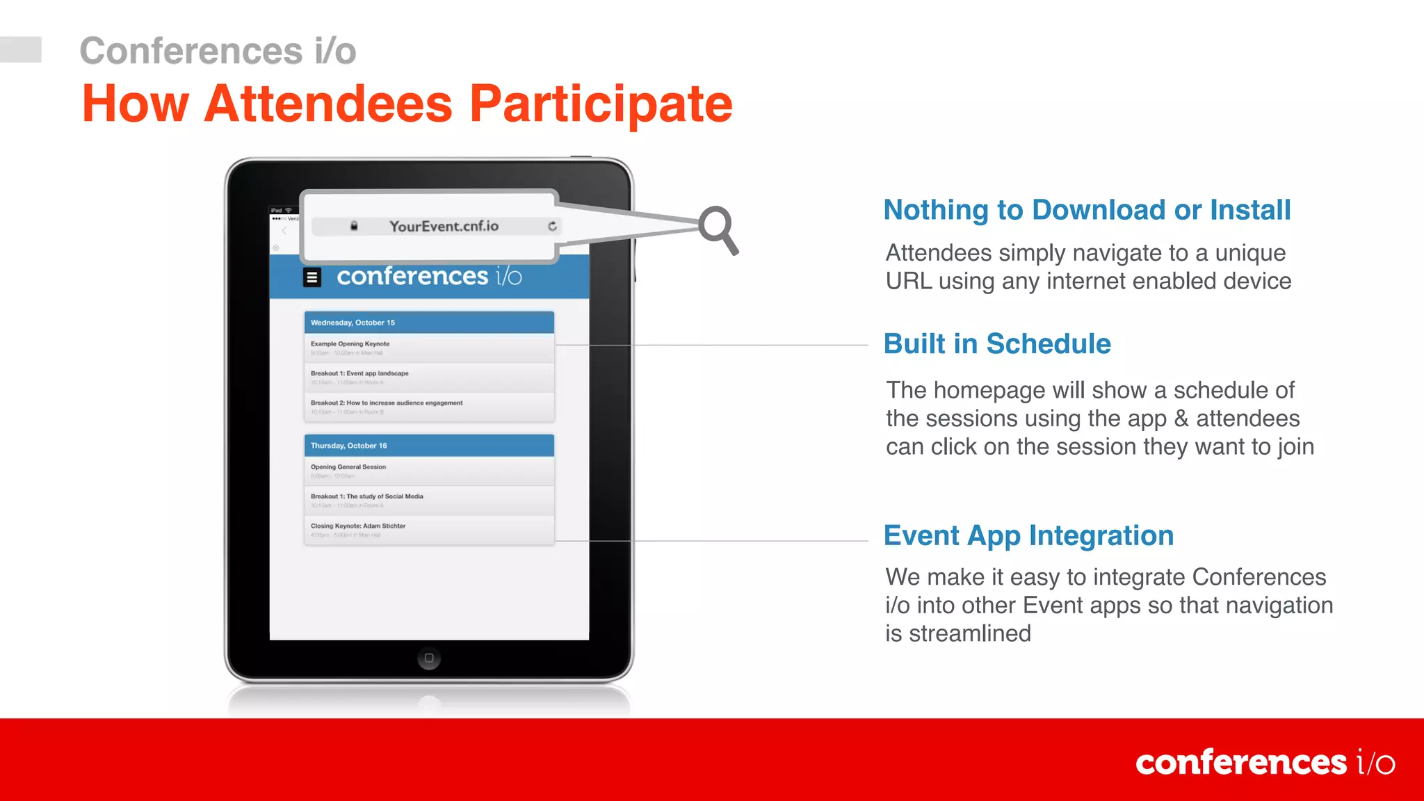 How Attendees Participate
Conferences i/o
The homepage will show a schedule of
the sessions using the app & attendees
can click on the session they want to join
Attendees simply navigate to a unique
URL using any internet enabled device
Nothing to Download or Install
Built in Schedule
We make it easy to integrate Conferences
i/o into other Event apps so that navigation
is streamlined
Event App Integration
 