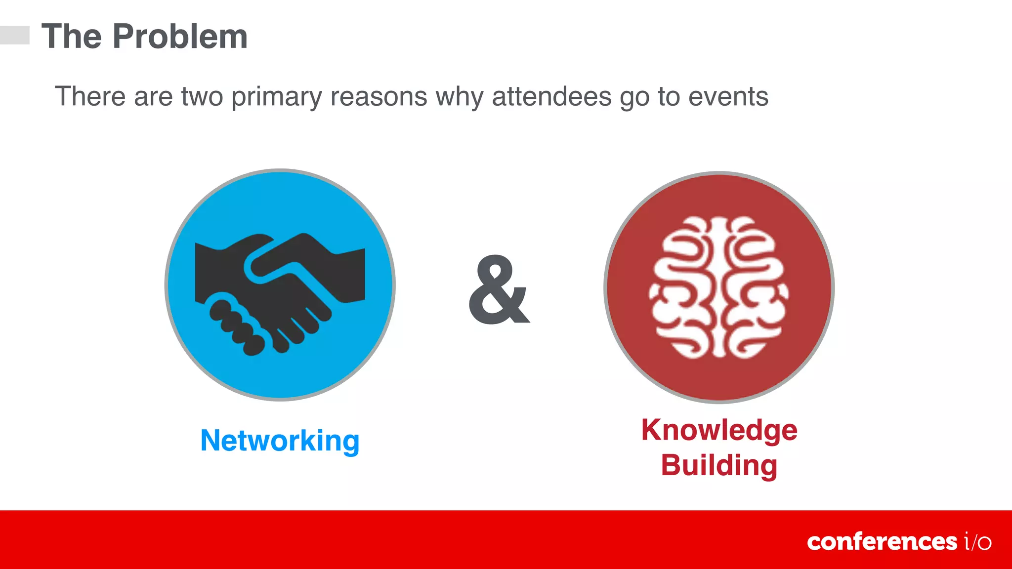 There are two primary reasons why attendees go to events
Networking Knowledge
Building
&
The Problem
 