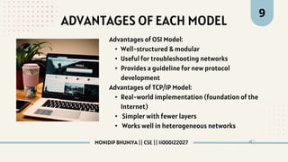 9
ADVANTAGES OF EACH MODEL
Advantages of OSI Model:
• Well-structured & modular
• Useful for troubleshooting networks
• Provides a guideline for new protocol
development
Advantages of TCP/IP Model:
• Real-world implementation (foundation of the
Internet)
• Simpler with fewer layers
• Works well in heterogeneous networks
MONIDIP BHUNIYA || CSE || 11000122027
 