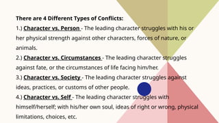 There are 4 Different Types of Conflicts:
1.) Character vs. Person - The leading character struggles with his or
her physical strength against other characters, forces of nature, or
animals.
2.) Character vs. Circumstances - The leading character struggles
against fate, or the circumstances of life facing him/her.
3.) Character vs. Society - The leading character struggles against
ideas, practices, or customs of other people.
4.) Character vs. Self - The leading character struggles with
himself/herself; with his/her own soul, ideas of right or wrong, physical
limitations, choices, etc.
 