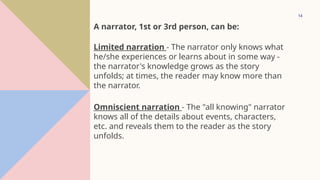 14
A narrator, 1st or 3rd person, can be:
Limited narration - The narrator only knows what
he/she experiences or learns about in some way -
the narrator's knowledge grows as the story
unfolds; at times, the reader may know more than
the narrator.
Omniscient narration - The "all knowing" narrator
knows all of the details about events, characters,
etc. and reveals them to the reader as the story
unfolds.
 