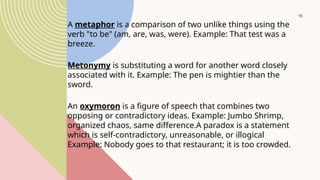 19
A metaphor is a comparison of two unlike things using the
verb "to be" (am, are, was, were). Example: That test was a
breeze.
Metonymy is substituting a word for another word closely
associated with it. Example: The pen is mightier than the
sword.
An oxymoron is a figure of speech that combines two
opposing or contradictory ideas. Example: Jumbo Shrimp,
organized chaos, same difference.A paradox is a statement
which is self-contradictory, unreasonable, or illogical
Example: Nobody goes to that restaurant; it is too crowded.
 