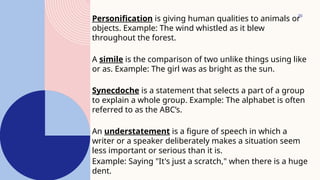 20
Personification is giving human qualities to animals or
objects. Example: The wind whistled as it blew
throughout the forest.
A simile is the comparison of two unlike things using like
or as. Example: The girl was as bright as the sun.
Synecdoche is a statement that selects a part of a group
to explain a whole group. Example: The alphabet is often
referred to as the ABC’s.
An understatement is a figure of speech in which a
writer or a speaker deliberately makes a situation seem
less important or serious than it is.
Example: Saying "It's just a scratch," when there is a huge
dent.
 