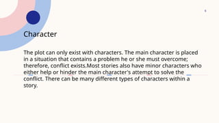 6
The plot can only exist with characters. The main character is placed
in a situation that contains a problem he or she must overcome;
therefore, conflict exists.Most stories also have minor characters who
either help or hinder the main character's attempt to solve the
conflict. There can be many different types of characters within a
story.
Character
 