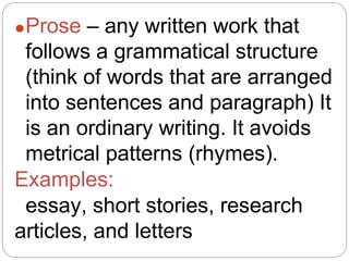 Prose Writing Style Creative Nonfiction Lesson 1- Literary Genres | PPTX