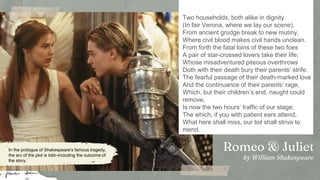 Two households, both alike in dignity
(In fair Verona, where we lay our scene),
From ancient grudge break to new mutiny,
Where civil blood makes civil hands unclean.
From forth the fatal loins of these two foes
A pair of star-crossed lovers take their life;
Whose misadventured piteous overthrows
Doth with their death bury their parents’ strife.
The fearful passage of their death-marked love
And the continuance of their parents’ rage,
Which, but their children’s end, naught could
remove,
Is now the two hours’ traffic of our stage;
The which, if you with patient ears attend,
What here shall miss, our toil shall strive to
mend.
Romeo & Juliet
by William Shakespeare
In the prologue of Shakespeare’s famous tragedy,
the arc of the plot is told–including the outcome of
the story.
 