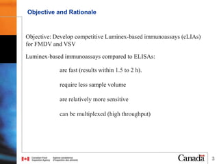 3
Luminex-based immunoassays compared to ELISAs:
Objective: Develop competitive Luminex-based immunoassays (cLIAs)
for FMD...
