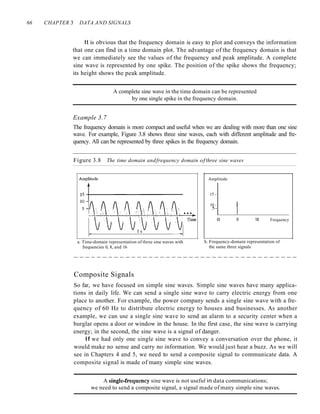 66 CHAPTER 3 DATA AND SIGNALS
It is obvious that the frequency domain is easy to plot and conveys the information
that one can find in a time domain plot. The advantage of the frequency domain is that
we can immediately see the values of the frequency and peak amplitude. A complete
sine wave is represented by one spike. The position of the spike shows the frequency;
its height shows the peak amplitude.
A complete sine wave in the time domain can be represented
by one single spike in the frequency domain.
Example 3.7
The frequency domain is more compact and useful when we are dealing with more than one sine
wave. For example, Figure 3.8 shows three sine waves, each with different amplitude and fre-
quency. All can be represented by three spikes in the frequency domain.
Figure 3.8 The time domain andfrequency domain ofthree sine waves
Amplitude
15 -
10 - I
5-
o 8 16 Frequency
a. Time-domain representation of three sine waves with
frequencies 0, 8, and 16
b. Frequency-domain representation of
the same three signals
- - - - - - - - - - - - - - - - - - - - - - - - - - - - - - - - - - - - - - -
Composite Signals
So far, we have focused on simple sine waves. Simple sine waves have many applica-
tions in daily life. We can send a single sine wave to carry electric energy from one
place to another. For example, the power company sends a single sine wave with a fre-
quency of 60 Hz to distribute electric energy to houses and businesses. As another
example, we can use a single sine wave to send an alarm to a security center when a
burglar opens a door or window in the house. In the first case, the sine wave is carrying
energy; in the second, the sine wave is a signal of danger.
If we had only one single sine wave to convey a conversation over the phone, it
would make no sense and carry no information. We would just hear a buzz. As we will
see in Chapters 4 and 5, we need to send a composite signal to communicate data. A
composite signal is made of many simple sine waves.
A singleafrequency sine wave is not useful in data communications;
we need to send a composite signal, a signal made of many simple sine waves.
 