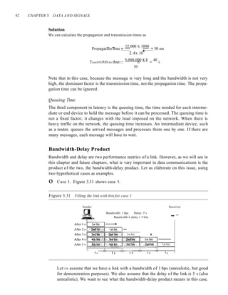92 CHAPTER 3 DATA AND SIGNALS
Solution
We can calculate the propagation and transmission times as
. , 12 000 X 1000
PropagatIon tIme ::::' 8:::: 50 ms
2.4x 10
T
.. . 5,000,000 x 8 40
ranSffilSSlOn tIme:::: 6 :::: S
10
Note that in this case, because the message is very long and the bandwidth is not very
high, the dominant factor is the transmission time, not the propagation time. The propa-
gation time can be ignored.
Queuing Time
The third component in latency is the queuing time, the time needed for each interme-
diate or end device to hold the message before it can be processed. The queuing time is
not a fixed factor; it changes with the load imposed on the network. When there is
heavy traffic on the network, the queuing time increases. An intermediate device, such
as a router, queues the arrived messages and processes them one by one. If there are
many messages, each message will have to wait.
Bandwidth-Delay Product
Bandwidth and delay are two performance metrics of a link. However, as we will see in
this chapter and future chapters, what is very important in data communications is the
product of the two, the bandwidth-delay product. Let us elaborate on this issue, using
two hypothetical cases as examples.
o Case 1. Figure 3.31 shows case 1.
Figure 3.31 Filling the link with bits for case 1
Sender Receiver
1s
Bandwidth: 1 bps Delay: 5 s
Bandwidth x delay = 5 bits
1st bit ~
_...
1st bit
1s
Let US assume that we have a link with a bandwidth of 1 bps (unrealistic, but good
for demonstration purposes). We also assume that the delay of the link is 5 s (also
unrealistic). We want to see what the bandwidth-delay product means in this case.
 