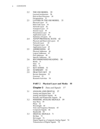 x CONTENTS
2.2 THE OSI MODEL 29
Layered Architecture 30
Peer-to-Peer Processes 30
Encapsulation 33
2.3 LAYERS IN THE OSI MODEL 33
Physical Layer 33
Data Link Layer 34
Network Layer 36
Transport Layer 37
Session Layer 39
Presentation Layer 39
Application Layer 41
Summary of Layers 42
2.4 TCP/IP PROTOCOL SUITE 42
Physical and Data Link Layers 43
Network Layer 43
Transport Layer 44
Application Layer 45
2.5 ADDRESSING 45
Physical Addresses 46
Logical Addresses 47
Port Addresses 49
Specific Addresses 50
2.6 RECOMMENDED READING 50
Books 51
Sites 51
RFCs 51
2.7 KEY lERMS 51
2.8 SUMMARY 52
2.9 PRACTICE SET 52
Review Questions 52
Exercises 53
Research Activities 54
PART 2 Physical Layer and Media 55
Chapter 3 Data and Signals 57
3.1 ANALOG AND DIGITAL 57
Analog and Digital Data 57
Analog and Digital Signals 58
Periodic and Nonperiodic Signals 58
3.2 PERIODIC ANALOG SIGNALS 59
Sine Wave 59
Phase 63
Wavelength 64
Time and Frequency Domains 65
Composite Signals 66
Bandwidth 69
3.3 DIGITAL SIGNALS 71
Bit Rate 73
Bit Length 73
Digital Signal as a Composite Analog Signal 74
Transmission of Digital Signals 74
 
