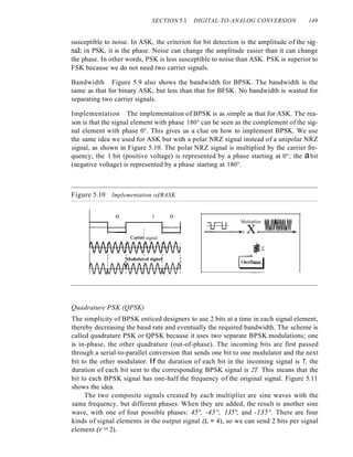 SECTION 5.1 DIGITAL-TO-ANALOG CONVERSION 149
susceptible to noise. In ASK, the criterion for bit detection is the amplitude of the sig-
nal; in PSK, it is the phase. Noise can change the amplitude easier than it can change
the phase. In other words, PSK is less susceptible to noise than ASK. PSK is superior to
FSK because we do not need two carrier signals.
Bandwidth Figure 5.9 also shows the bandwidth for BPSK. The bandwidth is the
same as that for binary ASK, but less than that for BFSK. No bandwidth is wasted for
separating two carrier signals.
Implementation The implementation of BPSK is as simple as that for ASK. The rea-
son is that the signal element with phase 180° can be seen as the complement of the sig-
nal element with phase 0°. This gives us a clue on how to implement BPSK. We use
the same idea we used for ASK but with a polar NRZ signal instead of a unipolar NRZ
signal, as shown in Figure 5.10. The polar NRZ signal is multiplied by the carrier fre-
quency; the 1 bit (positive voltage) is represented by a phase starting at 0°; the abit
(negative voltage) is represented by a phase starting at 180°.
Figure 5.10 Implementation ofBASK
o 1
I
I
Carrie~ signal
o
-=t:f=tt Multiplier ~
- - - - - - . t X I---'-;';';"";";"':":"';";';'~
*fc
Quadrature PSK (QPSK)
The simplicity of BPSK enticed designers to use 2 bits at a time in each signal element,
thereby decreasing the baud rate and eventually the required bandwidth. The scheme is
called quadrature PSK or QPSK because it uses two separate BPSK modulations; one
is in-phase, the other quadrature (out-of-phase). The incoming bits are first passed
through a serial-to-parallel conversion that sends one bit to one modulator and the next
bit to the other modulator. If the duration of each bit in the incoming signal is T, the
duration of each bit sent to the corresponding BPSK signal is 2T. This means that the
bit to each BPSK signal has one-half the frequency of the original signal. Figure 5.11
shows the idea.
The two composite signals created by each multiplier are sine waves with the
same frequency, but different phases. When they are added, the result is another sine
wave, with one of four possible phases: 45°, -45°, 135°, and -135°. There are four
kinds of signal elements in the output signal (L = 4), so we can send 2 bits per signal
element (r =2).
 