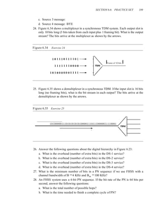 SECTION 6.6 PRACTICE SET 189
c. Source 3 message:
d. Source 4 message: BYE
24. Figure 6.34 shows a multiplexer in a synchronous TDM system. Each output slot is
only 10 bits long (3 bits taken from each input plus 1 framing bit). What is the output
stream? The bits arrive at the multiplexer as shown by the arrows.
Figure 6.34 Exercise 24
101110111101~
11111110000~
1010000001111~
IFrame of 10 bits I
25. Figure 6.35 shows a demultiplexer in a synchronous TDM. If the input slot is 16 bits
long (no framing bits), what is the bit stream in each output? The bits arrive at the
demultiplexer as shown by the arrows.
Figure 6.35 Exercise 25
101000001110101010101000011101110000011110001
•
26. Answer the following questions about the digital hierarchy in Figure 6.23:
a. What is the overhead (number of extra bits) in the DS-l service?
b. What is the overhead (number of extra bits) in the DS-2 service?
c. What is the overhead (number of extra bits) in the DS-3 service?
d. What is the overhead (number of extra bits) in the DS-4 service?
27. What is the minimum number of bits in a PN sequence if we use FHSS with a
channel bandwidth of B =4 KHz and Bss =100 KHz?
28. An FHSS system uses a 4-bit PN sequence. If the bit rate of the PN is 64 bits per
second, answer the following questions:
a. What is the total number of possible hops?
b. What is the time needed to finish a complete cycle of PN?
 