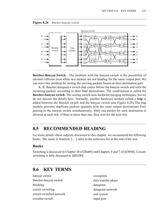 SECTION 8.6 KEY TERMS 235
Figure 8.26 Batcher-banyan switch
Banyan switch
O~
l~
6~
7~
Batcher
switch
Trap
module
~2
~3
~--+ro ~"'lr-r ~ 4
~5
~6
~7
Batcher-Banyan Switch The problem with the banyan switch is the possibility of
internal collision even when two packets are not heading for the same output port. We
can solve this problem by sorting the arriving packets based on their destination port.
K. E. Batcher designed a switch that comes before the banyan switch and sorts the
incoming packets according to their final destinations. The combination is called the
Batcher-banyan switch. The sorting switch uses hardware merging techniques, but we
do not discuss the details here. Normally, another hardware module called a trap is
added between the Batcher switch and the banyan switch (see Figure 8.26) The trap
module prevents duplicate packets (packets with the same output destination) from
passing to the banyan switch simultaneously. Only one packet for each destination is
allowed at each tick; if there is more than one, they wait for the next tick.
8.5 RECOMMENDED READING
For more details about subjects discussed in this chapter, we recommend the following
books. The items in brackets [...] refer to the reference list at the end of the text.
Books
Switching is discussed in Chapter 10 of [Sta04] and Chapters 4 and 7 of [GW04]. Circuit-
switching is fully discussed in [BELOO].
8.6 KEY TERMS
banyan switch
Batcher-banyan switch
blocking
circuit switching
circuit-switched network
crossbar switch
crosspoint
data transfer phase
datagram
datagram network
end system
input port
 