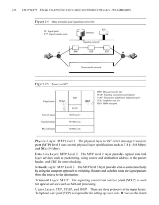 246 CHAPTER 9 USING TELEPHONE AND CABLE NETWORKS FOR DATA TRANSMISSION
Figure 9.4 Data transfer and signaling networks
SP: Signal point
STP: Signal transfer point
Database
Figure 9.5 Layers in SS7
Signaling network
Data transfer network
Upper layers ,', T(;~ __
Network layer
Data link layer
Physical layer
TUP
SCCP
MTP level 3
MTPIevel2
MTPlevell
~SNP ,I,
r,; ": ~ -
MTP: Message transfer part
SCCP: Signaling connection control point
TeAP: Transaction capabilities application port
TUP: Telephone user port
ISUP: ISDN user port
Physical Layer: MTP Level 1 The physical layer in SS7 called message transport
part (MTP) level I uses several physical layer specifications such as T-l (1.544 Mbps)
and DCa (64 kbps).
Data Link Layer: MTP Level 2 The MTP level 2 layer provides typical data link
layer services such as packetizing, using source and destination address in the packet
header, and CRC for error checking.
Network Layer: MTP Level 3 The MTP level 3 layer provides end-to-end connectivity
by using the datagram approach to switching. Routers and switches route the signal packets
from the source to the destination.
Transport Layer: SCCP The signaling connection control point (SCCP) is used
for special services such as SaO-call processing.
Upper Layers: TUP, TCAP, and ISUP There are three protocols at the upper layers.
Telephone user port (TUP) is responsible for setting up voice calls. It receives the dialed
 