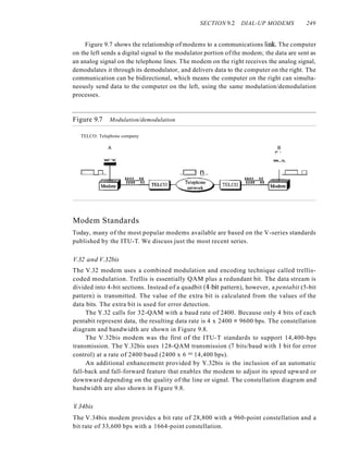 SECTION 9.2 DIAL-UP MODEMS 249
Figure 9.7 shows the relationship of modems to a communications linle The computer
on the left sends a digital signal to the modulator portion of the modem; the data are sent as
an analog signal on the telephone lines. The modem on the right receives the analog signal,
demodulates it through its demodulator, and delivers data to the computer on the right. The
communication can be bidirectional, which means the computer on the right can simulta-
neously send data to the computer on the left, using the same modulation/demodulation
processes.
Figure 9.7 Modulation/demodulation
TELCO: Telephone company
A
Modem Standards
c=J n
B
r<
.........
Today, many of the most popular modems available are based on the V-series standards
published by the ITU-T. We discuss just the most recent series.
V.32 and V.32bis
The V.32 modem uses a combined modulation and encoding technique called trellis-
coded modulation. Trellis is essentially QAM plus a redundant bit. The data stream is
divided into 4-bit sections. Instead of a quadbit (4-bit pattern), however, a pentabit (5-bit
pattern) is transmitted. The value of the extra bit is calculated from the values of the
data bits. The extra bit is used for error detection.
The Y.32 calls for 32-QAM with a baud rate of 2400. Because only 4 bits of each
pentabit represent data, the resulting data rate is 4 x 2400 = 9600 bps. The constellation
diagram and bandwidth are shown in Figure 9.8.
The V.32bis modem was the first of the ITU-T standards to support 14,400-bps
transmission. The Y.32bis uses 128-QAM transmission (7 bits/baud with I bit for error
control) at a rate of 2400 baud (2400 x 6 = 14,400 bps).
An additional enhancement provided by Y.32bis is the inclusion of an automatic
fall-back and fall-forward feature that enables the modem to adjust its speed upward or
downward depending on the quality of the line or signal. The constellation diagram and
bandwidth are also shown in Figure 9.8.
V.34bis
The V.34bis modem provides a bit rate of 28,800 with a 960-point constellation and a
bit rate of 33,600 bps with a 1664-point constellation.
 