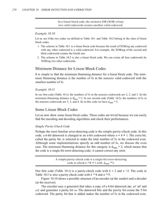 278 CHAPTER 10 ERROR DETECTIONAND CORRECTION
In a linear block code, the exclusive OR (XOR) of any
two valid codewords creates another valid codeword.
Example 10.10
Let us see if the two codes we defined in Table 10.1 and Table 10.2 belong to the class of linear
block codes.
1. The scheme in Table 10.1 is a linear block code because the result of XORing any codeword
with any other codeword is a valid codeword. For example, the XORing of the second and
third codewords creates the fourth one.
2. The scheme in Table 10.2 is also a linear block code. We can create all four codewords by
XORing two other codewords.
Minimum Distance for Linear Block Codes
It is simple to find the minimum Hamming distance for a linear block code. The mini-
mum Hamming distance is the number of Is in the nonzero valid codeword with the
smallest number of Is.
Example 10.11
In our first code (Table 10.1), the numbers of Is in the nonzero codewords are 2, 2, and 2. So the
minimum Hamming distance is dmin =2. In our second code (Table 10.2), the numbers of Is in
the nonzero codewords are 3, 3, and 4. So in this code we have dmin =3.
Some Linear Block Codes
Let us now show some linear block codes. These codes are trivial because we can easily
find the encoding and decoding algorithms and check their performances.
Simple Parity-Check Code
Perhaps the most familiar error-detecting code is the simple parity-check code. In this
code, a k-bit dataword is changed to an n-bit codeword where n = k + 1. The extra bit,
called the parity bit, is selected to make the total number of Is in the codeword even.
Although some implementations specify an odd number of Is, we discuss the even
case. The minimum Hamming distance for this category is dmin =2, which means that
the code is a single-bit error-detecting code; it cannot correct any error.
A simple parity-check code is a single-bit error-detecting
code in which n =k + 1 with dmin =2.
Our first code (Table 10.1) is a parity-check code with k -= 2 and n =3. The code in
Table 10.3 is also a parity-check code with k =4 and n =5.
Figure 10.10 shows a possible structure of an encoder (at the sender) and a decoder
(at the receiver).
The encoder uses a generator that takes a copy of a 4-bit dataword (ao, aI' a2' and
a3) and generates a parity bit roo The dataword bits and the parity bit create the 5-bit
codeword. The parity bit that is added makes the number of Is in the codeword even.
 