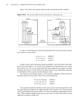 282 CHAPTER 10 ERROR DETECTIONAND CORRECTION
Figure 10.12 shows the structure of the encoder and decoder for this example.
Figure 10.12 The structure ofthe encoder and decoder for a Hamming code
Sender Receiver
Encoder Decoder
Dataword Dataword
Ia31azla1 IaoI la31azlatlaol
d .CDlTeCtiOi:1,1
:199ie .
ttl
Syndrome ISz Stl So I ' ,
I
I fGeneratorI l Checker
I
'ttt
l
Unreliable
la3lazlatlaolr2 h ITO
transmission
b31bzlbtlboIq21qllqol
Codeword Codeword
A copy of a 4-bit dataword is fed into the generator that creates three parity checks
ro, rl' and r2' as shown below:
TO=;aZ+al +ao
Tl =a3 + az + al
T2=aI +aO+a3
modulo-2
modulo-2
modulo-2
In other words, each of the parity-check bits handles 3 out of the 4 bits of the data-
word. The total number of 1s in each 4-bit combination (3 dataword bits and 1 parity
bit) must be even. We are not saying that these three equations are unique; any three
equations that involve 3 of the 4 bits in the dataword and create independent equations
(a combination of two cannot create the third) are valid.
The checker in the decoder creates a 3-bit syndrome (s2s1s0) in which each bit is
the parity check for 4 out of the 7 bits in the received codeword:
So == bz+ bi + bo+ qo
Sl =b3 + bz+ bI + ql
8Z == bl +bo+b3 +qz
modulo-Z
modulo-2
modulo-2
The equations used by the checker are the same as those used by the generator with
the parity-check bits added to the right-hand side of the equation. The 3-bit syndrome
creates eight different bit patterns (000 to 111) that can represent eight different condi-
tions. These conditions define a lack of error or an error in 1 of the 7 bits of the received
codeword, as shown in Table 10.5.
 