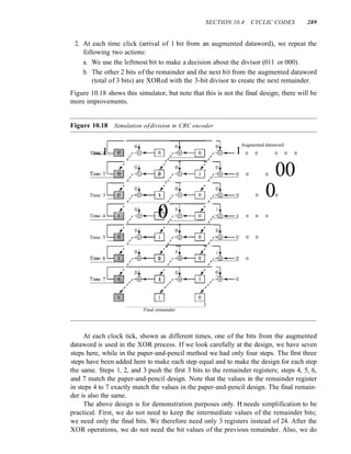 SECTION 10.4 CYCLIC CODES 289
2. At each time click (arrival of 1 bit from an augmented dataword), we repeat the
following two actions:
a. We use the leftmost bit to make a decision about the divisor (011 or 000).
b. The other 2 bits of the remainder and the next bit from the augmented dataword
(total of 3 bits) are XORed with the 3-bit divisor to create the next remainder.
Figure 10.18 shows this simulator, but note that this is not the final design; there will be
more improvements.
Figure 10.18 Simulation ofdivision in CRC encoder
.C; /~~~ /~I~ o~ Augmented dataword
,-(B~ I 0 0 0 0 0
TIme: I .iLk' ,
, , ,
Time:2L:1i
,
t -' ,~l~o
ot~
/-@ 0 /~@~ 0 0 00
,o?:-'mMft ,
/ , ,
Time: 3 L:i!&
,
°t ' ,~1~0
°t--dJ
/-(B 1 /-@~ 0 00
'p' ~~~
,
/ , ,
Time:4L:1i
,
/~I~ ,~1~1
ot~
/-(B 0 0 0 0
8~:<8?::<8ffi) ,
/
, ,
Time: 5 L::Ii /~~--dJ
t '
,~l~o
/~l±)~ 0 0
,
/ , ,
Time:6~
. It -'
,!1~0
ot~
/ -l±) 0 /-l±)~ 0
,
/ , ,
Time:7l1' °t--dJ °t ' ol
/-0 1 ,'-0~ ,-(B~o
~- /
/ / ,
/ / /
II oJ IT]
~. ''"'-<
I
Final remainder
At each clock tick, shown as different times, one of the bits from the augmented
dataword is used in the XOR process. If we look carefully at the design, we have seven
steps here, while in the paper-and-pencil method we had only four steps. The first three
steps have been added here to make each step equal and to make the design for each step
the same. Steps 1, 2, and 3 push the first 3 bits to the remainder registers; steps 4, 5, 6,
and 7 match the paper-and-pencil design. Note that the values in the remainder register
in steps 4 to 7 exactly match the values in the paper-and-pencil design. The final remain-
der is also the same.
The above design is for demonstration purposes only. It needs simplification to be
practical. First, we do not need to keep the intermediate values of the remainder bits;
we need only the final bits. We therefore need only 3 registers instead of 24. After the
XOR operations, we do not need the bit values of the previous remainder. Also, we do
 