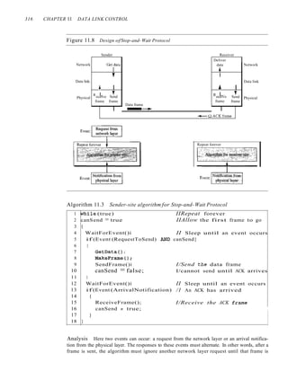 316 CHAPTER 11 DATA LINK CONTROL
Figure 11.8 Design ofStop-and-Wait Protocol
Sender Receiver
Network
Data link:
Physical
Deliver
Gettata data
..
T I
.. I ~ I
R I. T R I. ,T
ecelve Send ecelVe Send
frame frame frame frame
Data frame
I ~~ I
~DACKframe
Network
Data link
Physical
Repeat forever
Algorithm 11.3 Sender-site algorithm for Stop-and-Wait Protocol
Iwhile (true)
canSend = true
II Sleep until an event occurs
AND canSend}
II Sleep until an event occurs
/1 An ACK has arrived
I/Send the data frame
I/cannot send until ACK arrives
IIRepeat forever
IIAllow the first frame to go
I/Receive the ACK £r~e
ReceiveFrame();
canSend ~ true;
GetDataO i
MakeFrame();
SendFrame()i
canSend = false;
}
}
WaitForEvent()i
if (Event (ArrivalNotification)
{
{
WaitForEvent()i
if (Event (RequestToSend)
{
1
2
3
4
5
6
7
8
9
10
11
12
13
14
15
16
17
18 }
Analysis Here two events can occur: a request from the network layer or an arrival notifica-
tion from the physical layer. The responses to these events must alternate. In other words, after a
frame is sent, the algorithm must ignore another network layer request until that frame is
 
