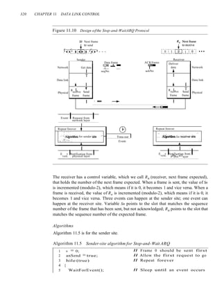 320 CHAPTER 11 DATA LINK CONTROL
Figure 11.10 Design ofthe Stop-and-WaitARQ Protocol
SII Next frame
J;
0 send
r---r--- ---r---,
'0'101'0'···
L ~___ _ __ 1 J
Sender Receiver
Network
Data link
Physical
Data frame ACKframe Deliver
'1* *" - rr-
Get data data
I seqNo ackNo ...
T I
• I ... I
R I. T R I. T
ecelve Send ecelve Send
frame frame frame frame
I ! liM ~ I
~~
Network
Data link
Physical
Event: IRequest from I
network layer
I
0
Repeat forever t
. ~- - ~- -
,.C; ;~AIgmnhmfor sender'site .- Time-out I
..;._,,,:,,:,,'.:" ,
Event:
1..
I
E t: INotification from I
ven. physical layer
Repeat forever
." . '
~-. -- .AJ:go.rlt,bmfor receiver Site ..
. .
1..
I
E t: INotification from I
ven. h' all
P ySlC ayer
The receiver has a control variable, which we call Rn (receiver, next frame expected),
that holds the number of the next frame expected. When a frame is sent, the value of Sn
is incremented (modulo-2), which means if it is 0, it becomes 1 and vice versa. When a
frame is received, the value of Rn is incremented (modulo-2), which means if it is 0, it
becomes 1 and vice versa. Three events can happen at the sender site; one event can
happen at the receiver site. Variable Sn points to the slot that matches the sequence
number of the frame that has been sent, but not acknowledged; Rn points to the slot that
matches the sequence number of the expected frame.
Algorithms
Algorithm 11.5 is for the sender site.
Algorithm 11.5 Sender-site algorithm for Stop-and-Wait ARQ
WaitForEvent();
1 n = 0;
2 anSend = true;
3 hile (true)
4 {
5
II Frame 0 should be sent first
II Allow the first request to go
II Repeat forever
II Sleep until an event occurs
 