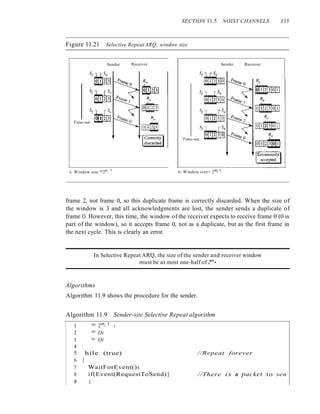 SECTION 11.5 NOISY CHANNELS 335
Figure 11.21 Selective Repeat ARQ, window size
Sender
Sf_It
o 1 2 3
Time-out
a. Window size =2m
-
1
Receiver Sender
Sf~
~
Sf~l
~
Sf~l
~
Time-out
b. Window size> 2m- 1
Receiver
frame 2, not frame 0, so this duplicate frame is correctly discarded. When the size of
the window is 3 and all acknowledgments are lost, the sender sends a duplicate of
frame O. However, this time, the window of the receiver expects to receive frame 0 (0 is
part of the window), so it accepts frame 0, not as a duplicate, but as the first frame in
the next cycle. This is clearly an error.
In Selective Repeat ARQ, the size of the sender and receiver window
must be at most one-half of 2m•
Algorithms
Algorithm 11.9 shows the procedure for the sender.
Algorithm 11.9 Sender-site Selective Repeat algorithm
WaitForEvent()i
if(Event(RequestToSend)}
{
1 = 2m- 1 i
2 = Oi
3 = Oi
4
5 hile (true)
6 {
7
8
9
//Repeat forever
//There is a packet to sen
 